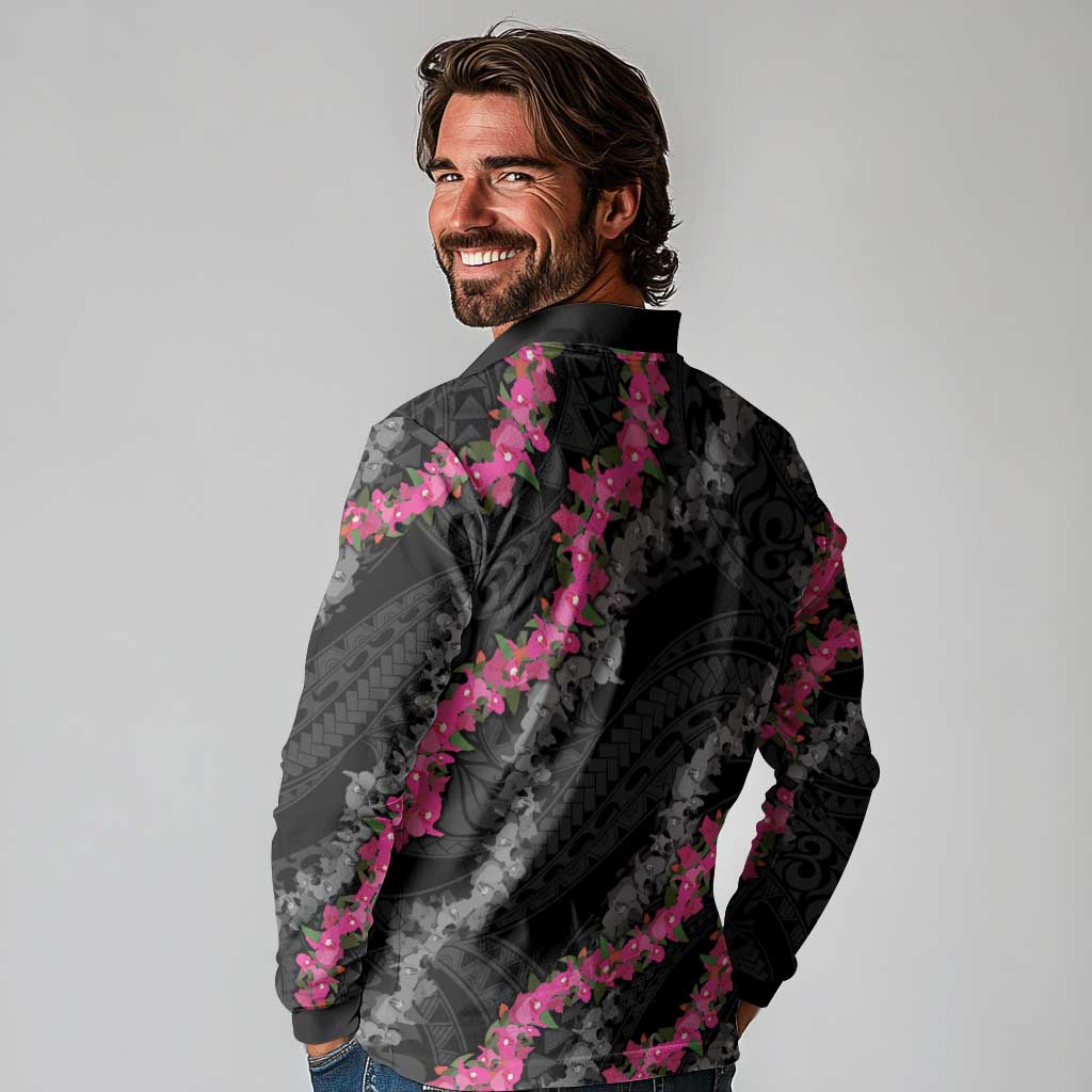 Guam Bougainvillea Lei Long Sleeve Polo Shirt Chamorro Tribal Pattern