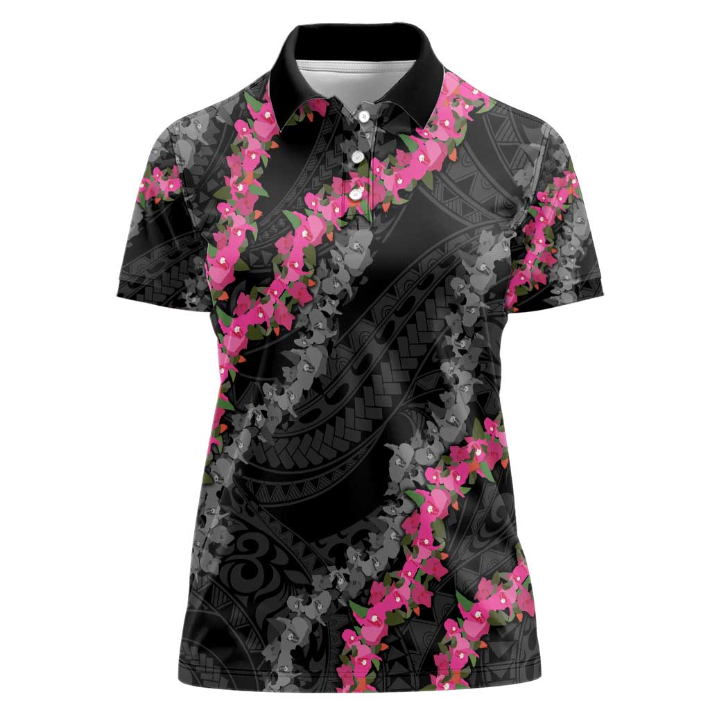 Guam Bougainvillea Lei Women Polo Shirt Chamorro Tribal Pattern LT9 Female Black - Polynesian Pride