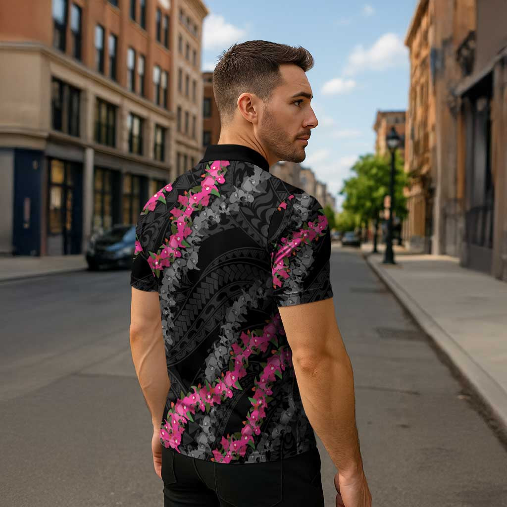 Guam Bougainvillea Lei Zipper Polo Shirt Chamorro Tribal Pattern - Polynesian Pride