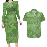 Hawaii Molokai Island Kukui Nut Flowers Couples Matching Long Sleeve Bodycon Dress and Hawaiian Shirt Tribal Kakau Pattern LT9 Green - Polynesian Pride