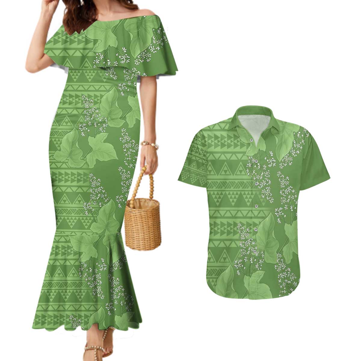 Hawaii Molokai Island Kukui Nut Flowers Couples Matching Mermaid Dress and Hawaiian Shirt Tribal Kakau Pattern LT9 Green - Polynesian Pride