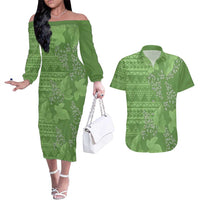 Hawaii Molokai Island Kukui Nut Flowers Couples Matching Off The Shoulder Long Sleeve Dress and Hawaiian Shirt Tribal Kakau Pattern LT9 Green - Polynesian Pride