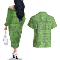 Hawaii Molokai Island Kukui Nut Flowers Couples Matching Off The Shoulder Long Sleeve Dress and Hawaiian Shirt Tribal Kakau Pattern LT9 - Polynesian Pride
