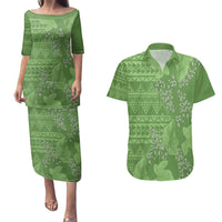 Hawaii Molokai Island Kukui Nut Flowers Couples Matching Puletasi and Hawaiian Shirt Tribal Kakau Pattern