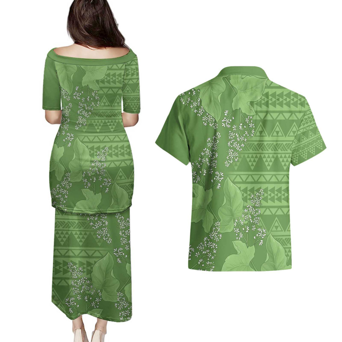Hawaii Molokai Island Kukui Nut Flowers Couples Matching Puletasi and Hawaiian Shirt Tribal Kakau Pattern