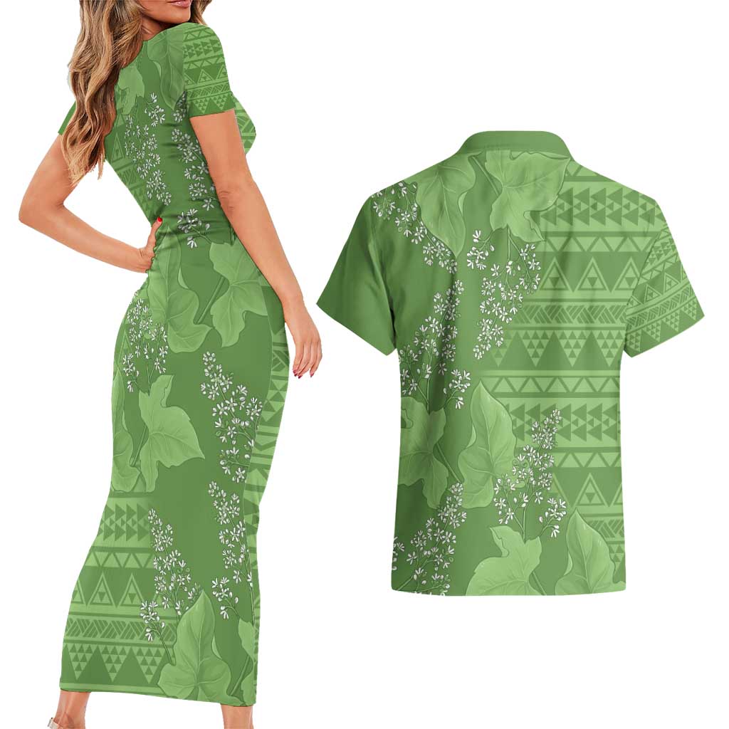 Hawaii Molokai Island Kukui Nut Flowers Couples Matching Short Sleeve Bodycon Dress and Hawaiian Shirt Tribal Kakau Pattern LT9 - Polynesian Pride