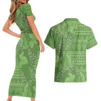 Hawaii Molokai Island Kukui Nut Flowers Couples Matching Short Sleeve Bodycon Dress and Hawaiian Shirt Tribal Kakau Pattern LT9 - Polynesian Pride