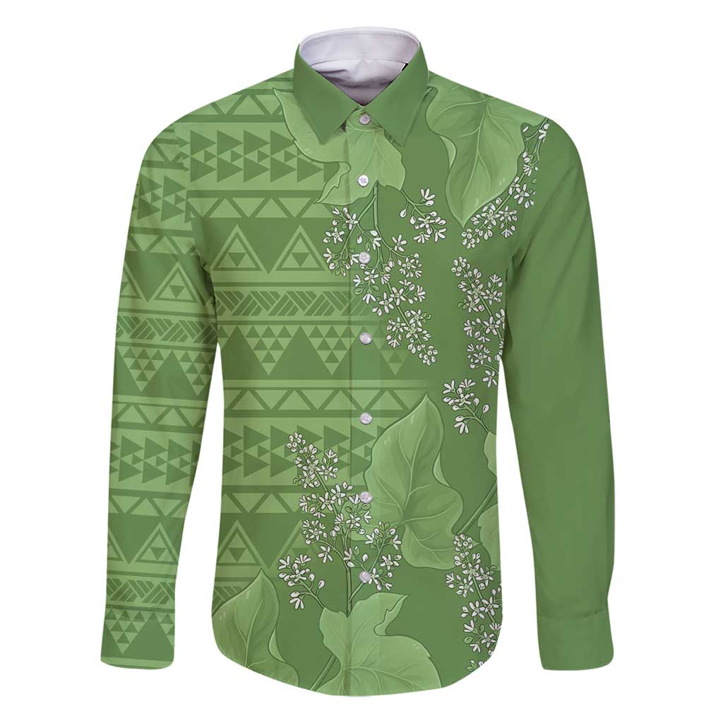 Hawaii Molokai Island Kukui Nut Flowers Family Matching Long Sleeve Bodycon Dress and Hawaiian Shirt Tribal Kakau Pattern LT9 Dad's Shirt - Long Sleeve Green - Polynesian Pride