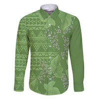 Hawaii Molokai Island Kukui Nut Flowers Family Matching Long Sleeve Bodycon Dress and Hawaiian Shirt Tribal Kakau Pattern LT9 Dad's Shirt - Long Sleeve Green - Polynesian Pride