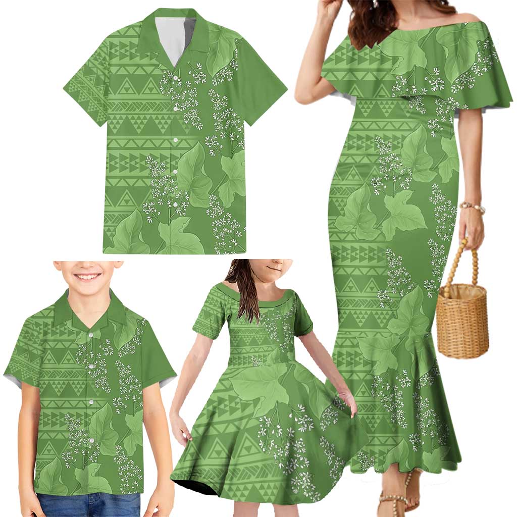 Hawaii Molokai Island Kukui Nut Flowers Family Matching Mermaid Dress and Hawaiian Shirt Tribal Kakau Pattern LT9 - Polynesian Pride