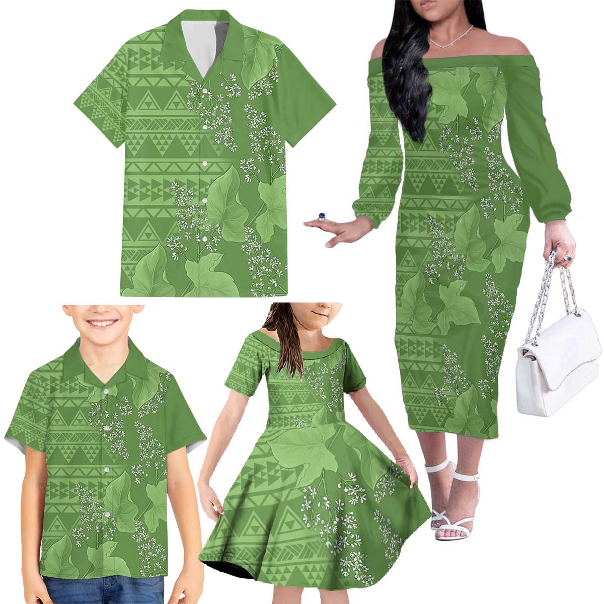 Hawaii Molokai Island Kukui Nut Flowers Family Matching Off The Shoulder Long Sleeve Dress and Hawaiian Shirt Tribal Kakau Pattern LT9 - Polynesian Pride