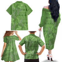 Hawaii Molokai Island Kukui Nut Flowers Family Matching Off The Shoulder Long Sleeve Dress and Hawaiian Shirt Tribal Kakau Pattern LT9 - Polynesian Pride