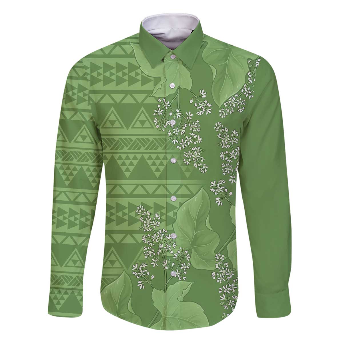 Hawaii Molokai Island Kukui Nut Flowers Family Matching Off The Shoulder Long Sleeve Dress and Hawaiian Shirt Tribal Kakau Pattern LT9 Dad's Shirt - Long Sleeve Green - Polynesian Pride