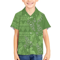 Hawaii Molokai Island Kukui Nut Flowers Family Matching Off The Shoulder Long Sleeve Dress and Hawaiian Shirt Tribal Kakau Pattern LT9 Son's Shirt Green - Polynesian Pride