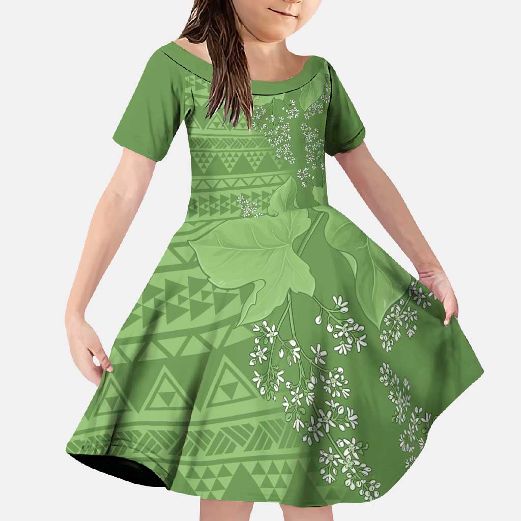 Hawaii Molokai Island Kukui Nut Flowers Family Matching Off Shoulder Maxi Dress and Hawaiian Shirt Tribal Kakau Pattern LT9 Daughter's Dress Green - Polynesian Pride