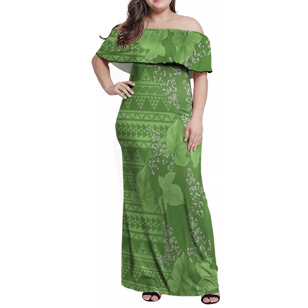 Hawaii Molokai Island Kukui Nut Flowers Family Matching Off Shoulder Maxi Dress and Hawaiian Shirt Tribal Kakau Pattern LT9 Mom's Dress Green - Polynesian Pride