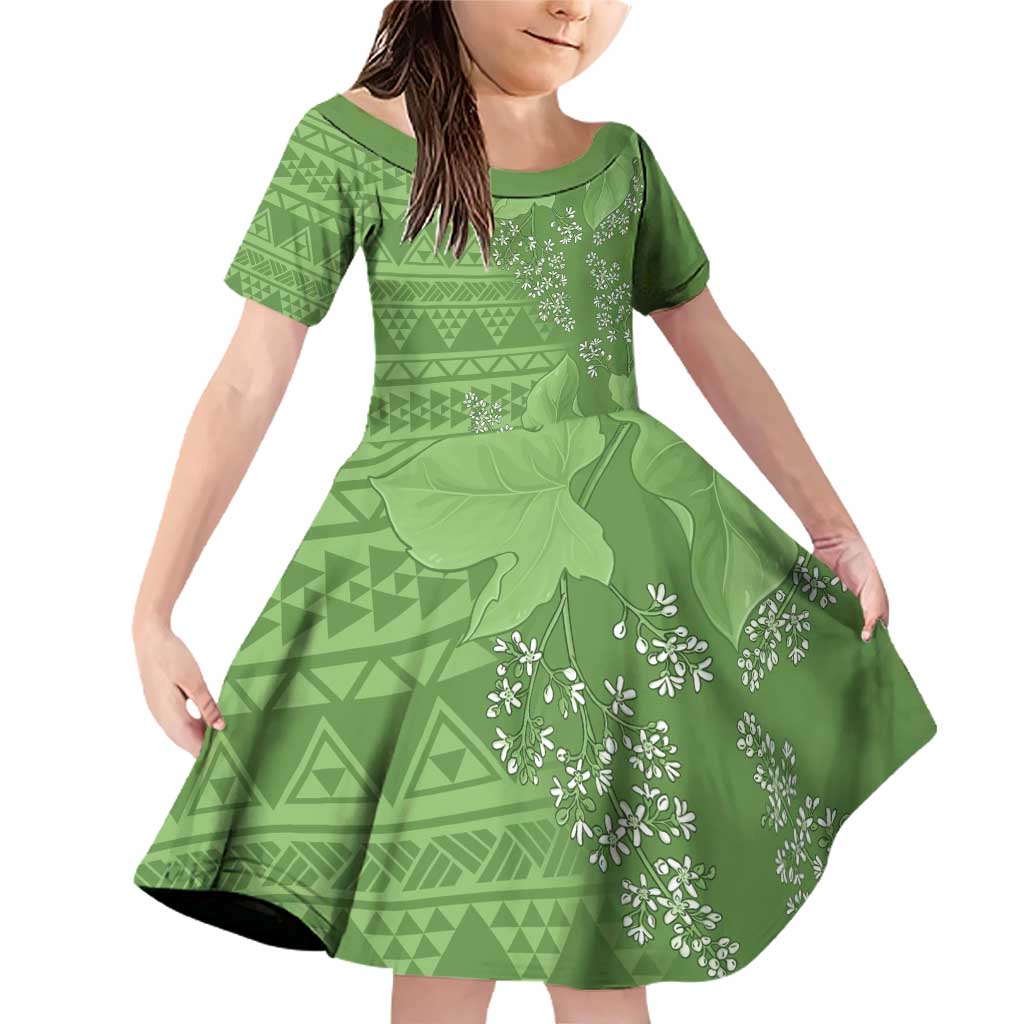 Hawaii Molokai Island Kukui Nut Flowers Family Matching Off Shoulder Short Dress and Hawaiian Shirt Tribal Kakau Pattern LT9 Daughter's Dress Green - Polynesian Pride
