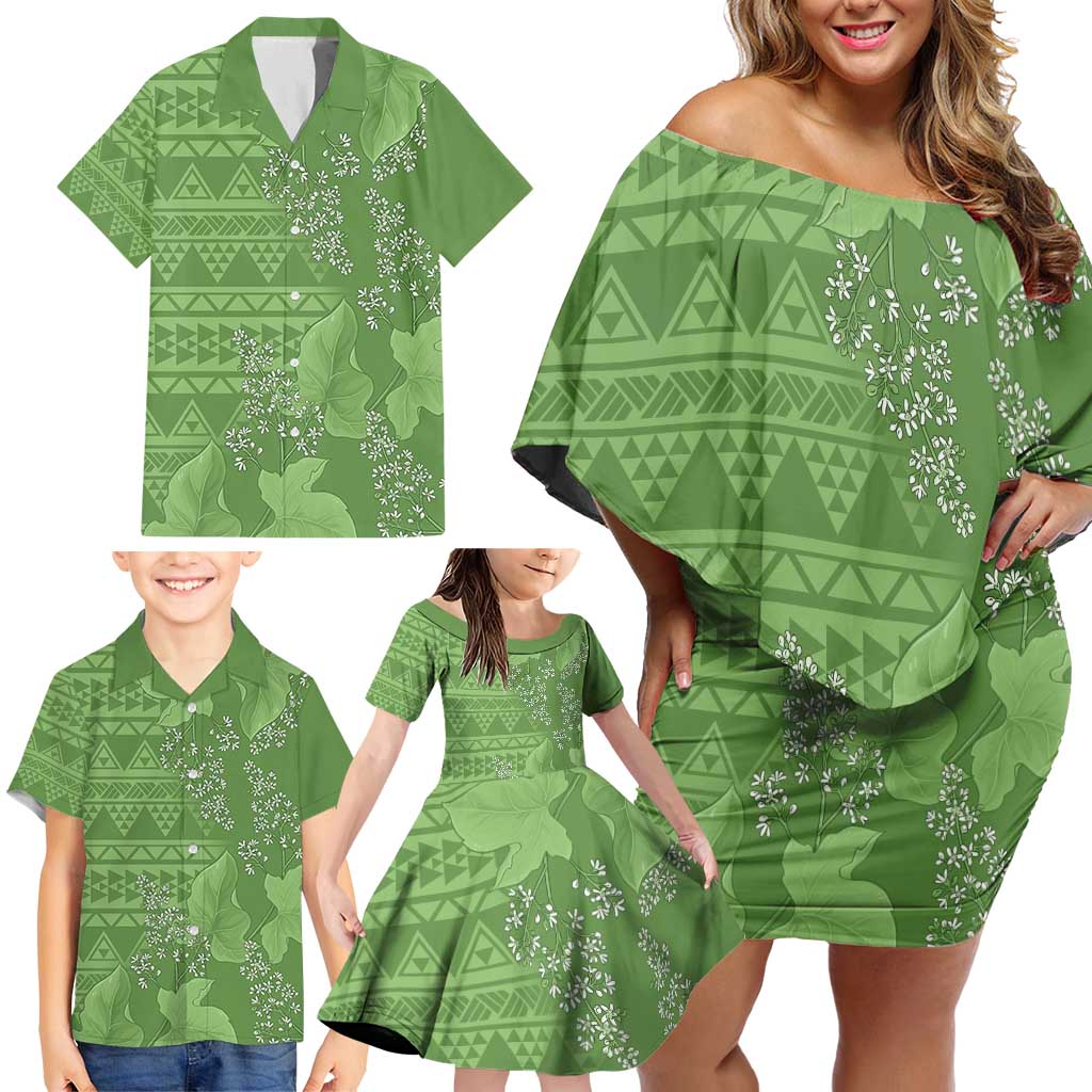 Hawaii Molokai Island Kukui Nut Flowers Family Matching Off Shoulder Short Dress and Hawaiian Shirt Tribal Kakau Pattern LT9 - Polynesian Pride