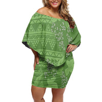 Hawaii Molokai Island Kukui Nut Flowers Family Matching Off Shoulder Short Dress and Hawaiian Shirt Tribal Kakau Pattern LT9 Mom's Dress Green - Polynesian Pride
