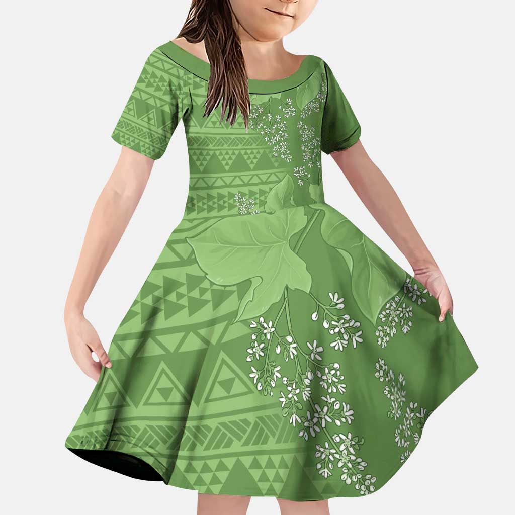 Hawaii Molokai Island Kukui Nut Flowers Family Matching Puletasi and Hawaiian Shirt Tribal Kakau Pattern LT9 Daughter's Dress Green - Polynesian Pride