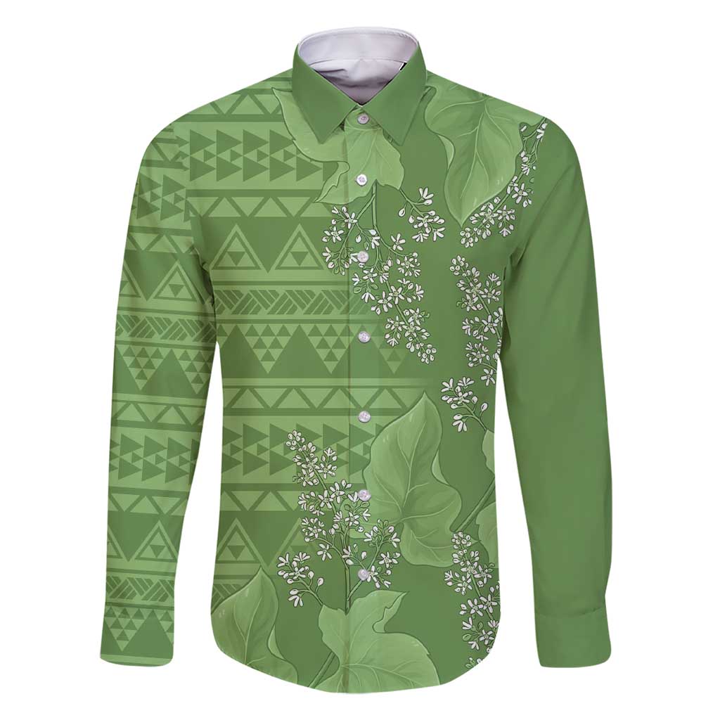 Hawaii Molokai Island Kukui Nut Flowers Family Matching Short Sleeve Bodycon Dress and Hawaiian Shirt Tribal Kakau Pattern LT9 Dad's Shirt - Long Sleeve Green - Polynesian Pride