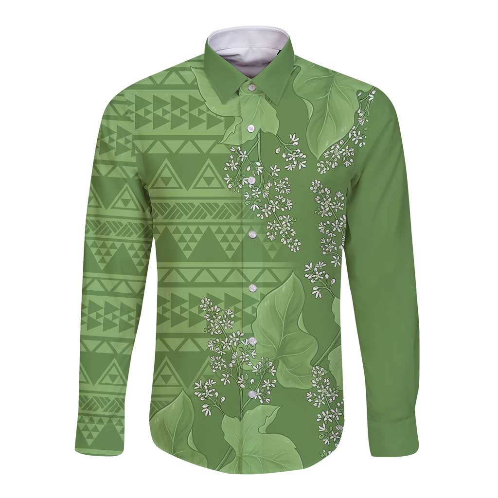 Hawaii Molokai Island Kukui Nut Flowers Long Sleeve Button Shirt Tribal Kakau Pattern LT9 Unisex Green - Polynesian Pride