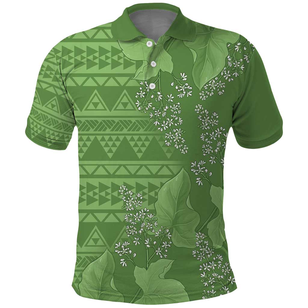 Hawaii Molokai Island Kukui Nut Flowers Polo Shirt Tribal Kakau Pattern LT9 Green - Polynesian Pride