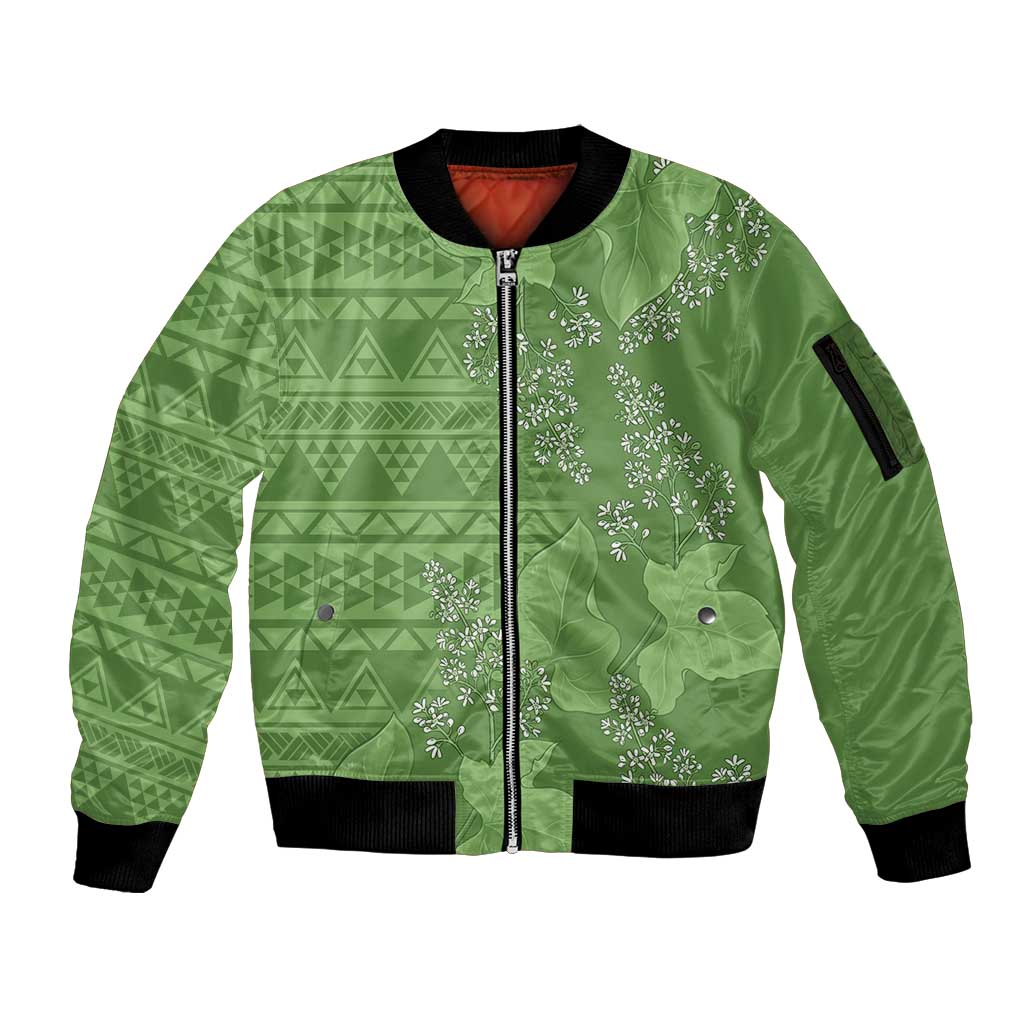 Hawaii Molokai Island Kukui Nut Flowers Sleeve Zip Bomber Jacket Tribal Kakau Pattern LT9 Unisex Green - Polynesian Pride