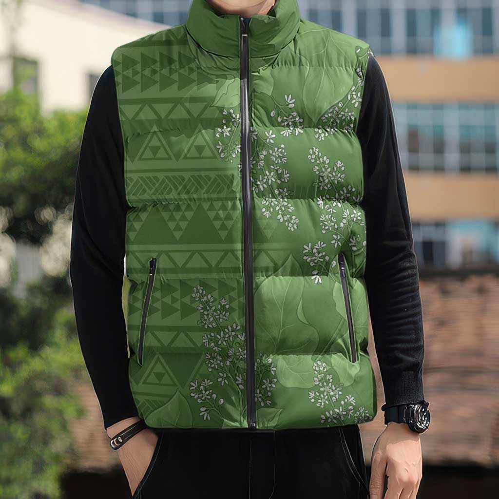 Hawaii Molokai Island Kukui Nut Flowers Sleeveless Puffer Jacket Tribal Kakau Pattern - Polynesian Pride