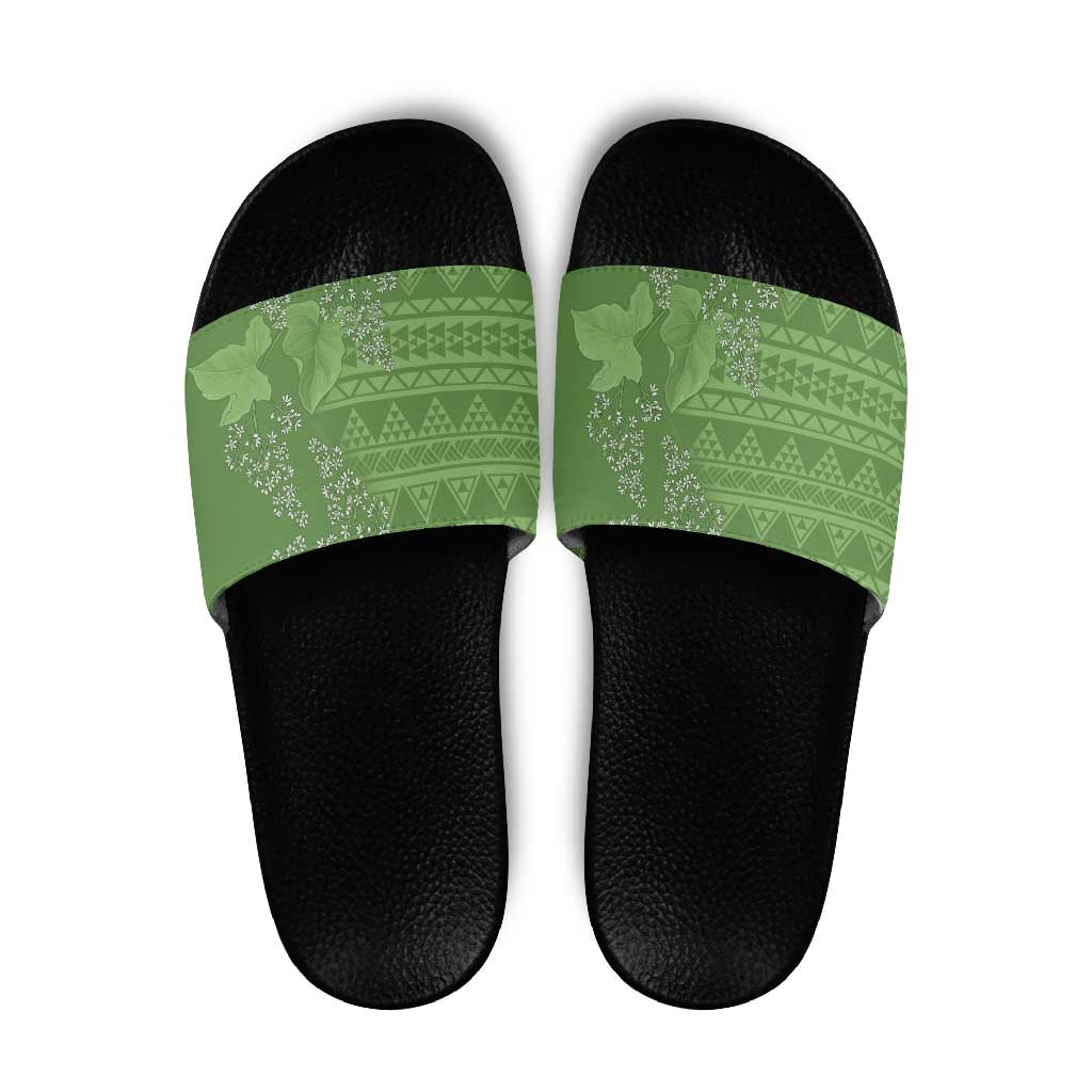 Hawaii Molokai Island Kukui Nut Flowers Slide Sandals Tribal Kakau Pattern - Polynesian Pride