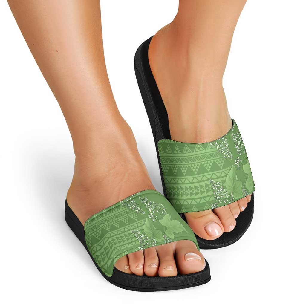 Hawaii Molokai Island Kukui Nut Flowers Slide Sandals Tribal Kakau Pattern - Polynesian Pride