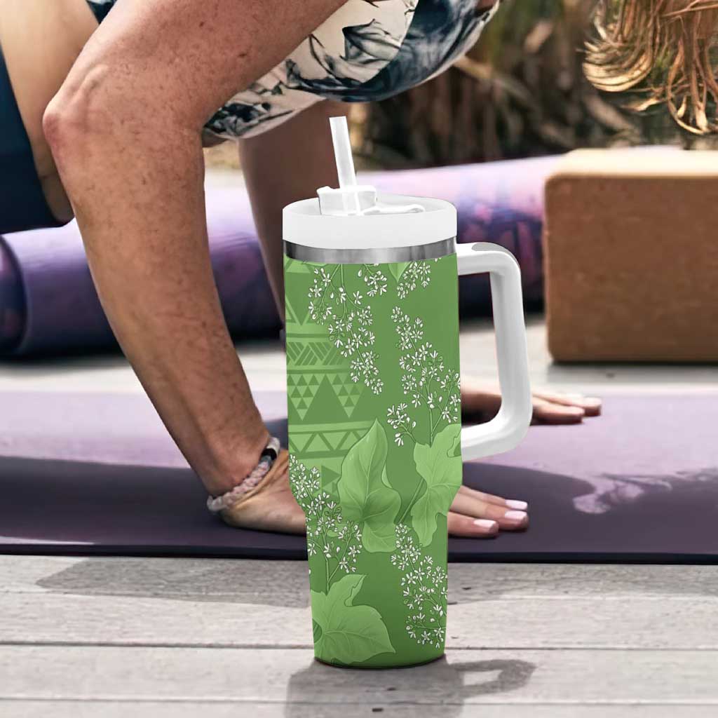 Hawaii Molokai Island Kukui Nut Flowers Tumbler With Handle Tribal Kakau Pattern