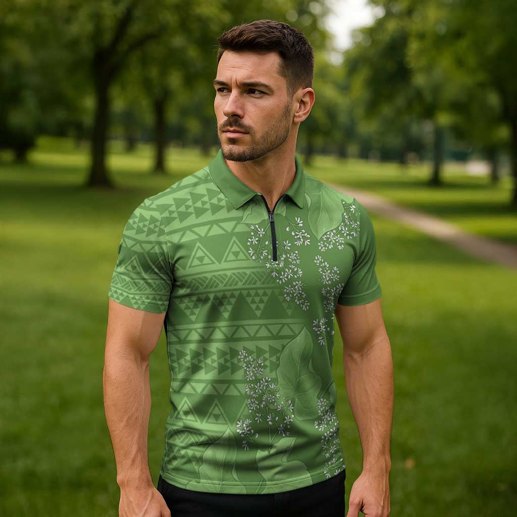Hawaii Molokai Island Kukui Nut Flowers Zipper Polo Shirt Tribal Kakau Pattern - Polynesian Pride