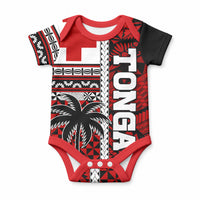 Tonga Kupesi Ngatu Baby Onesie Proud Tonga with Flag and Palm Tree LT9 Red - Polynesian Pride