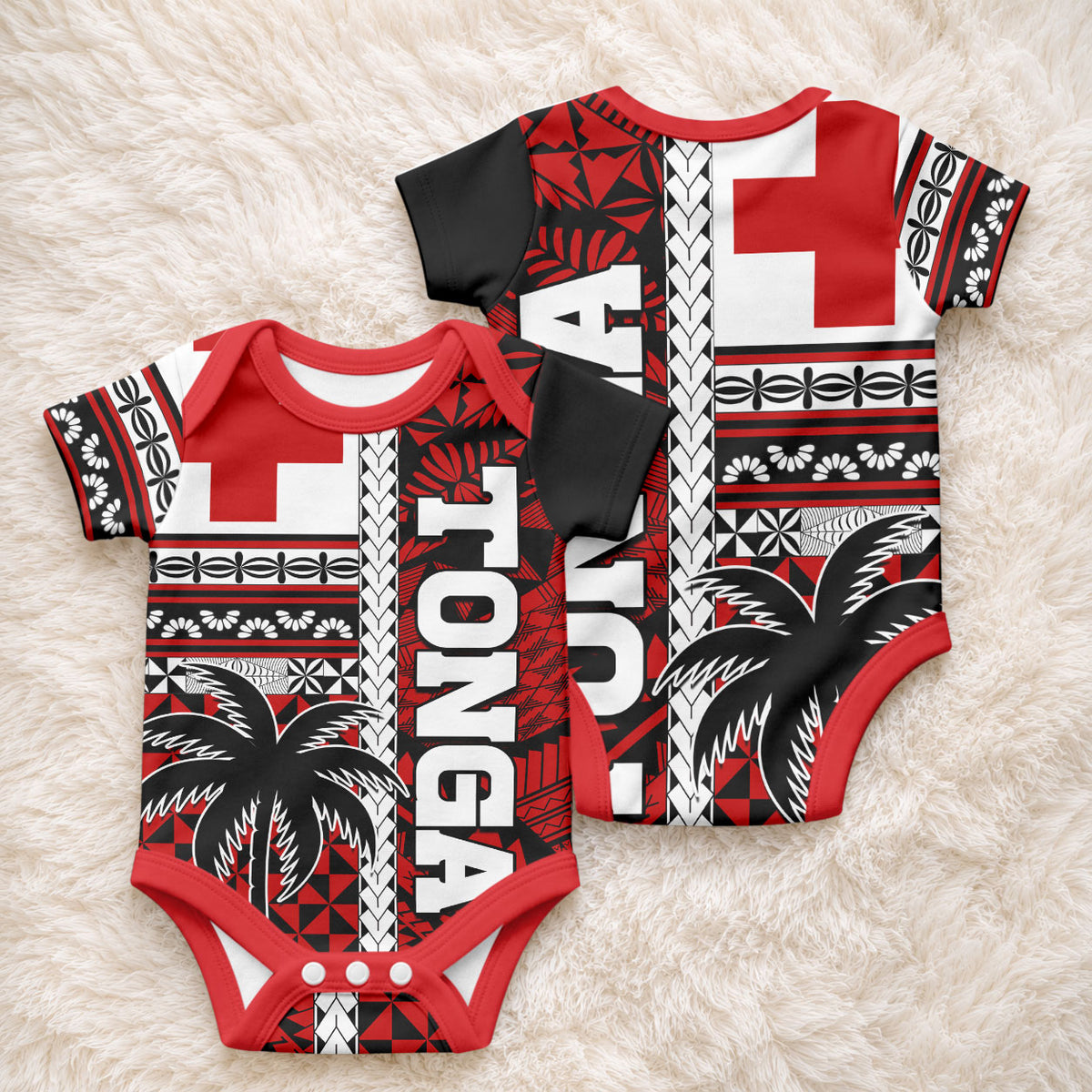 Tonga Kupesi Ngatu Baby Onesie Proud Tonga with Flag and Palm Tree LT9 - Polynesian Pride
