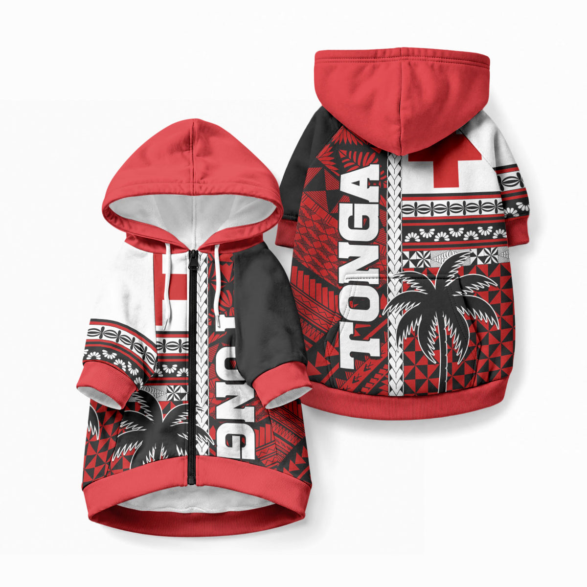 Tonga Kupesi Ngatu Pet Hoodie Proud Tonga with Flag and Palm Tree LT9 Zip-up Red - Polynesian Pride
