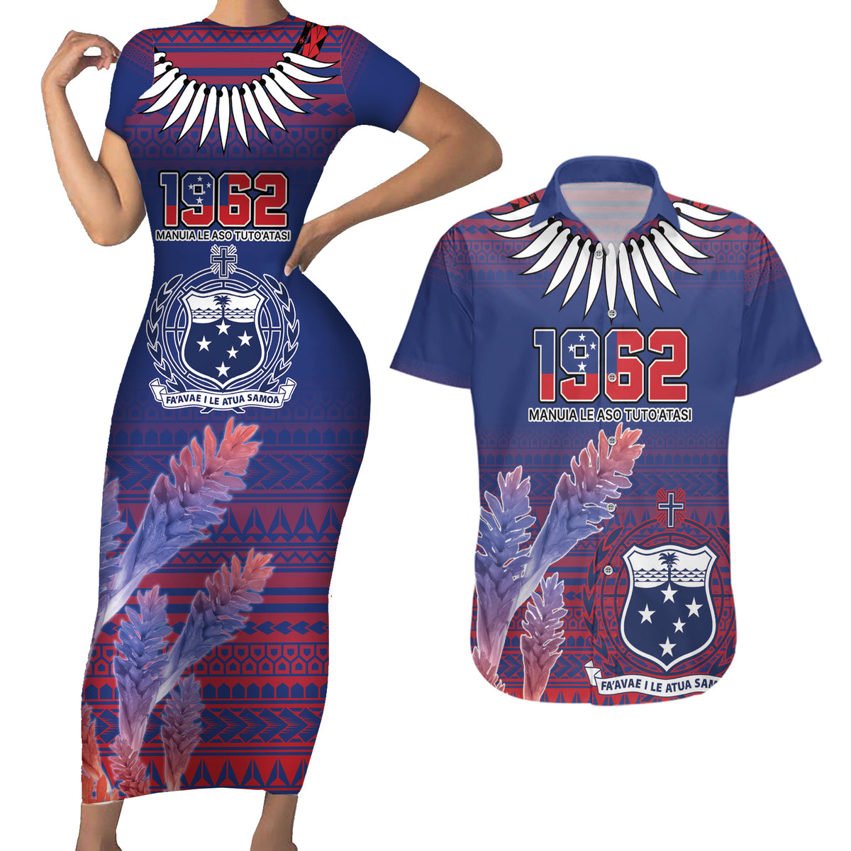 Custom Samoa 1962 Independence Day Custom Couples Matching Short Sleeve Bodycon Dress and Hawaiian Shirt Manuia le Aso Tuto'atasi Ula Nifo Blue Art LT9 Blue - Polynesian Pride