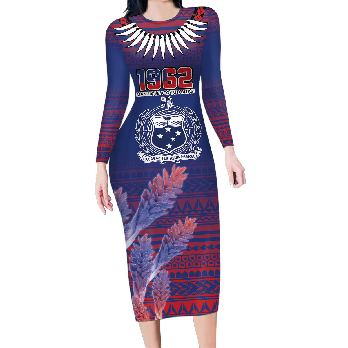 Custom Samoa 1962 Independence Day Custom Family Matching Long Sleeve Bodycon Dress and Hawaiian Shirt Manuia le Aso Tuto'atasi Ula Nifo Blue Art LT9 Mom's Dress Blue - Polynesian Pride