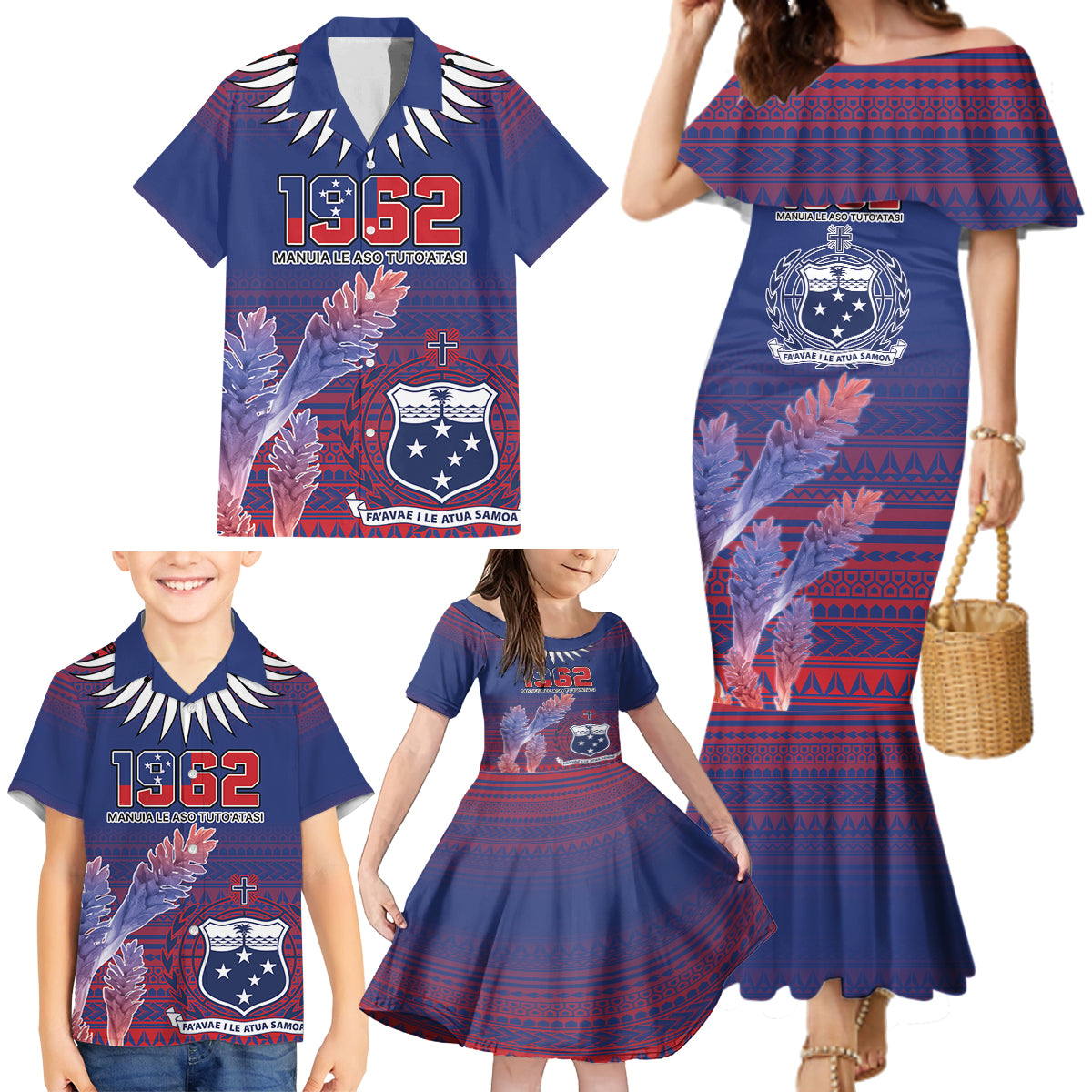 Custom Samoa 1962 Independence Day Custom Family Matching Mermaid Dress and Hawaiian Shirt Manuia le Aso Tuto'atasi Ula Nifo Blue Art LT9 - Polynesian Pride