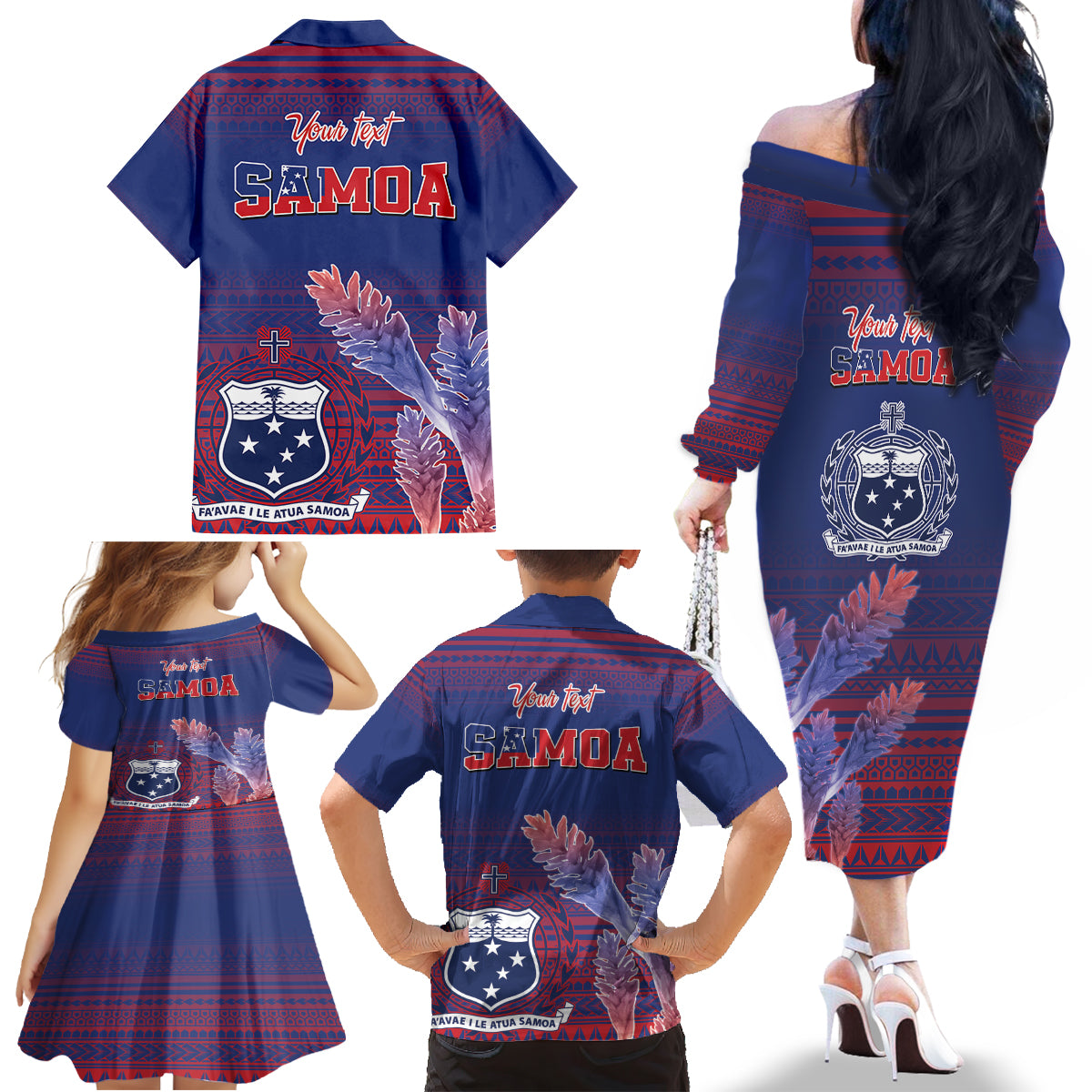 Custom Samoa 1962 Independence Day Custom Family Matching Off The Shoulder Long Sleeve Dress and Hawaiian Shirt Manuia le Aso Tuto'atasi Ula Nifo Blue Art LT9 - Polynesian Pride