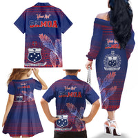 Custom Samoa 1962 Independence Day Custom Family Matching Off The Shoulder Long Sleeve Dress and Hawaiian Shirt Manuia le Aso Tuto'atasi Ula Nifo Blue Art LT9 - Polynesian Pride