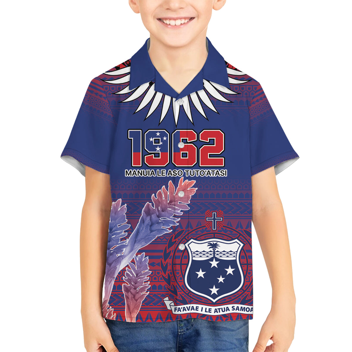 Custom Samoa 1962 Independence Day Custom Family Matching Off The Shoulder Long Sleeve Dress and Hawaiian Shirt Manuia le Aso Tuto'atasi Ula Nifo Blue Art LT9 Son's Shirt Blue - Polynesian Pride