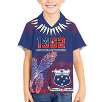Custom Samoa 1962 Independence Day Custom Family Matching Off The Shoulder Long Sleeve Dress and Hawaiian Shirt Manuia le Aso Tuto'atasi Ula Nifo Blue Art LT9 Son's Shirt Blue - Polynesian Pride