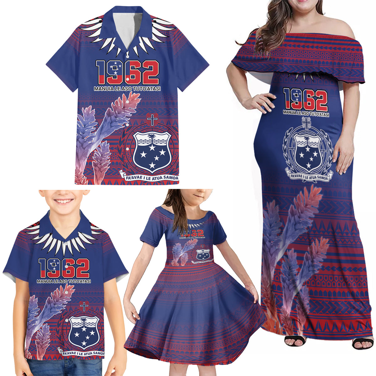 Custom Samoa 1962 Independence Day Custom Family Matching Off Shoulder Maxi Dress and Hawaiian Shirt Manuia le Aso Tuto'atasi Ula Nifo Blue Art LT9 - Polynesian Pride