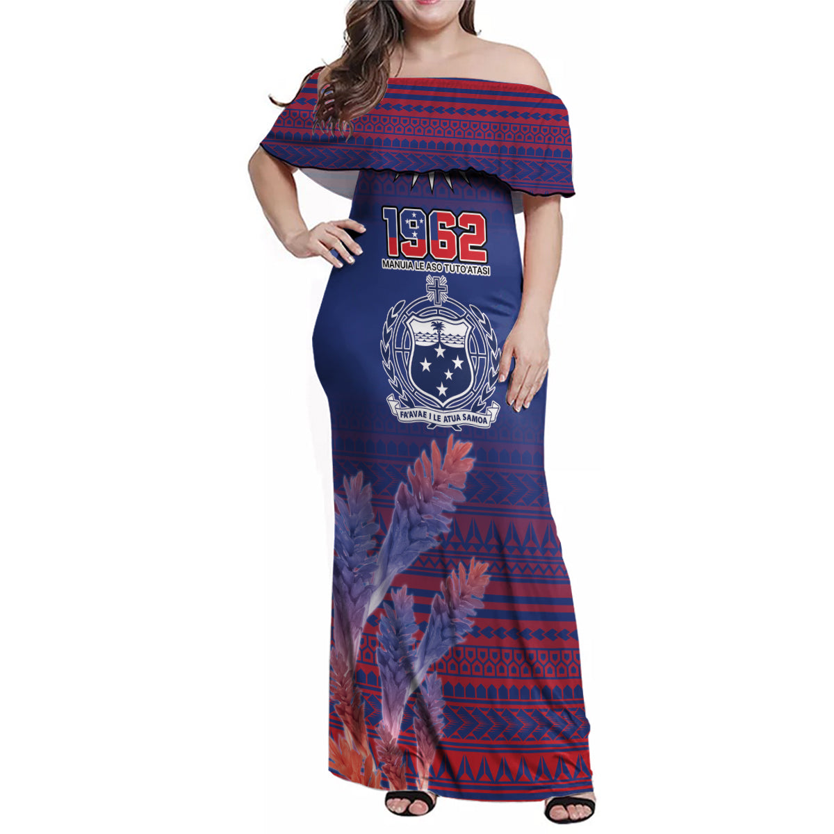 Custom Samoa 1962 Independence Day Custom Family Matching Off Shoulder Maxi Dress and Hawaiian Shirt Manuia le Aso Tuto'atasi Ula Nifo Blue Art LT9 Mom's Dress Blue - Polynesian Pride