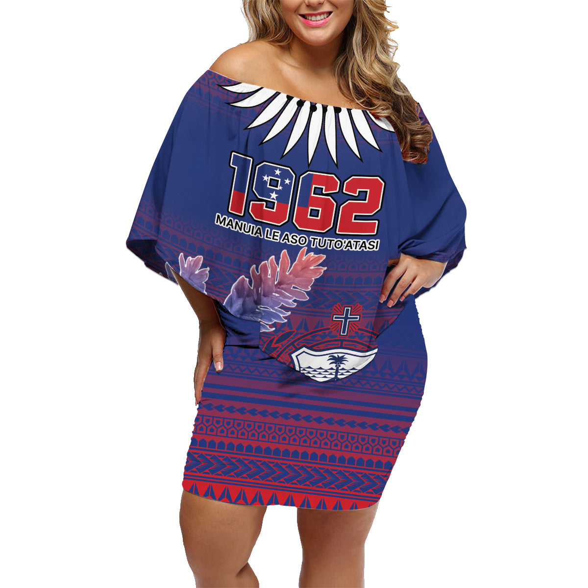 Custom Samoa 1962 Independence Day Custom Family Matching Off Shoulder Short Dress and Hawaiian Shirt Manuia le Aso Tuto'atasi Ula Nifo Blue Art LT9 Mom's Dress Blue - Polynesian Pride