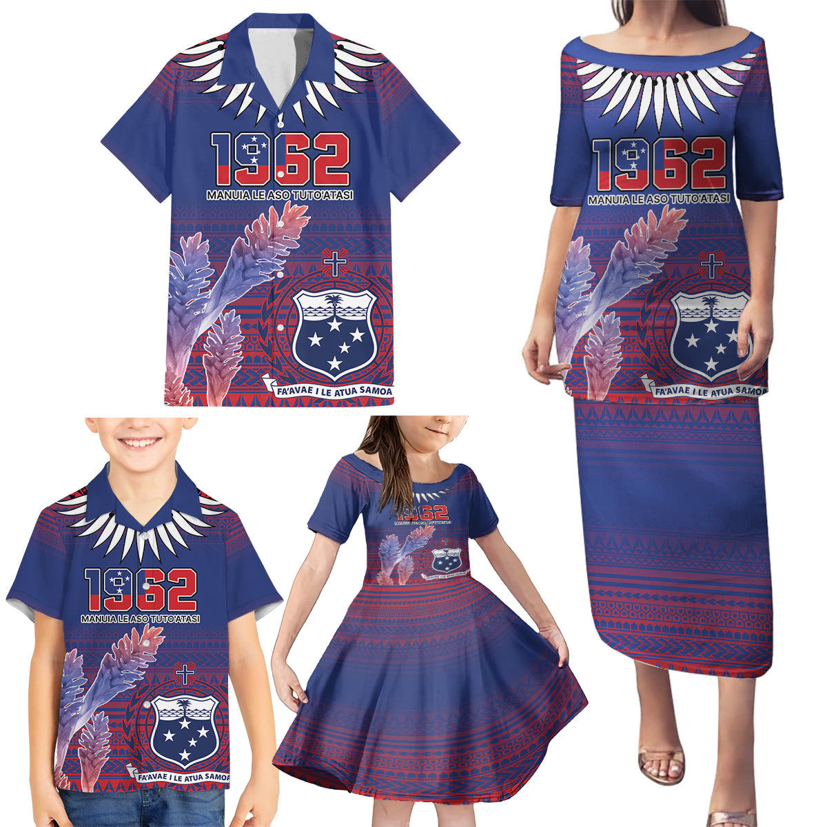 Custom Samoa 1962 Independence Day Custom Family Matching Puletasi and Hawaiian Shirt Manuia le Aso Tuto'atasi Ula Nifo Blue Art LT9 - Polynesian Pride