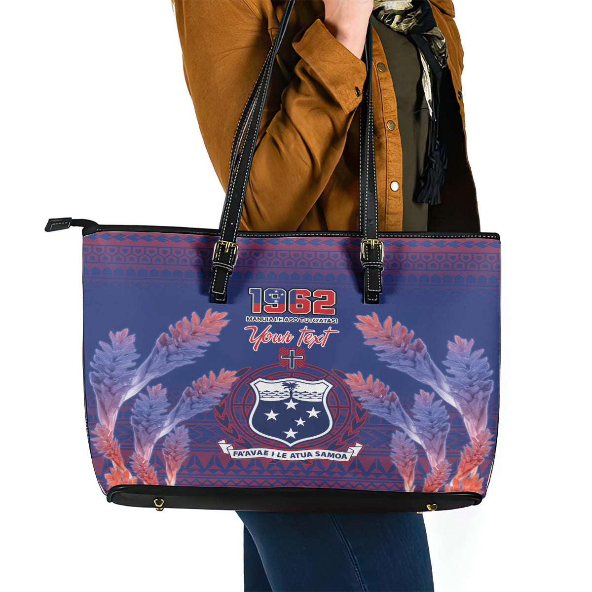 Custom Samoa 1962 Independence Day Custom Leather Tote Bag Manuia le Aso Tuto'atasi Ula Nifo Blue Art