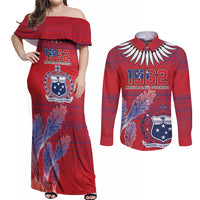 Custom Samoa 1962 Independence Day Custom Couples Matching Off Shoulder Maxi Dress and Long Sleeve Button Shirt Manuia le Aso Tuto'atasi Ula Nifo Red Art LT9 Red - Polynesian Pride