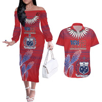 Custom Samoa 1962 Independence Day Custom Couples Matching Off The Shoulder Long Sleeve Dress and Hawaiian Shirt Manuia le Aso Tuto'atasi Ula Nifo Red Art LT9 Red - Polynesian Pride